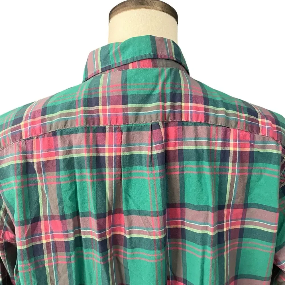 J. Crew Mens 100% Cotton Green Pink Plaid Button Down Shirt Sz XL Preppy Classic